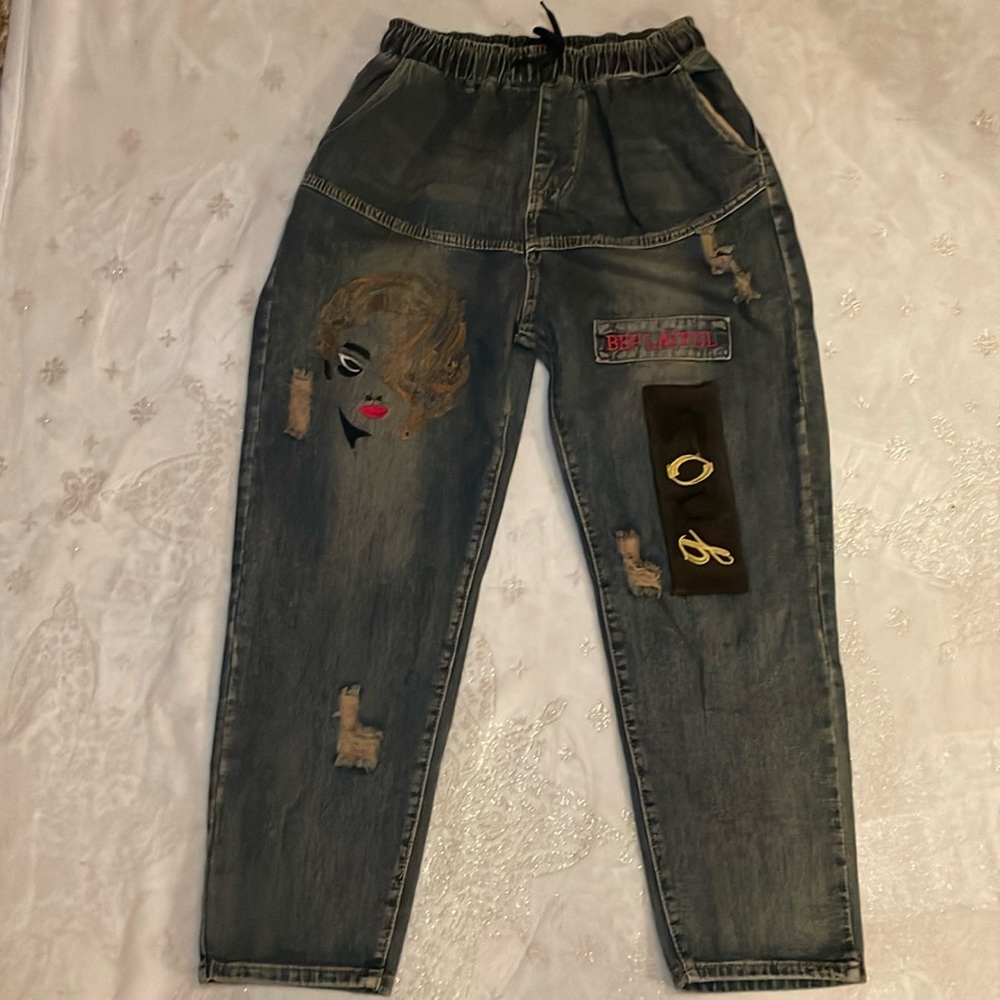 Embroidered, Embellished and Distressed Drawstring Jeans